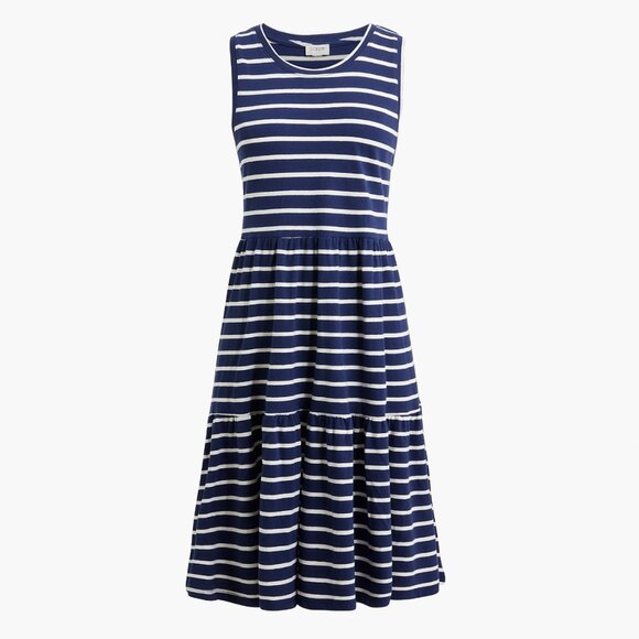 NWT J.Crew Sleeveless Striped Knit Tiered Mini Dress Navy Blue M Medium Cotton - Picture 1 of 4